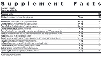 Ingredients of Zyflamend Prostate dietary supplement - selenium, saw palmetto, organic green tea