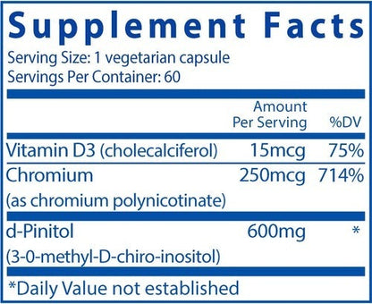 Ingredients of d-Pinitol 600mg Dietary Supplement - Vitamin D3, Chromium, d-Pinitol	